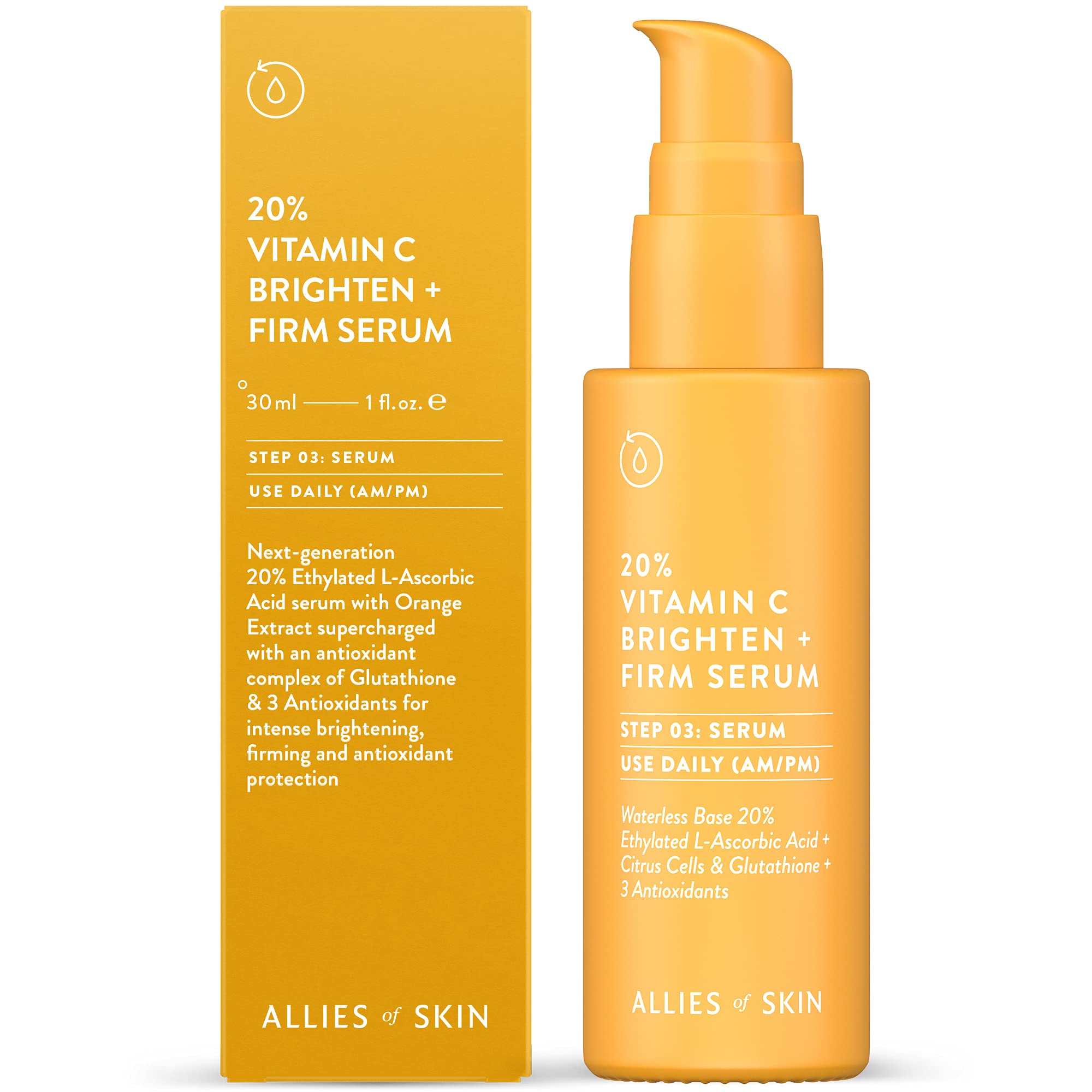 Allies of Skin 20% Vitamin C Brighten + Firm Serum: 20% Ethylated L-Ascorbic Acid + Orange Extract Complex with Glutathione. Firms & Intensely Brightens. For Smooth Elastic Skin 1 oz / 30 ml