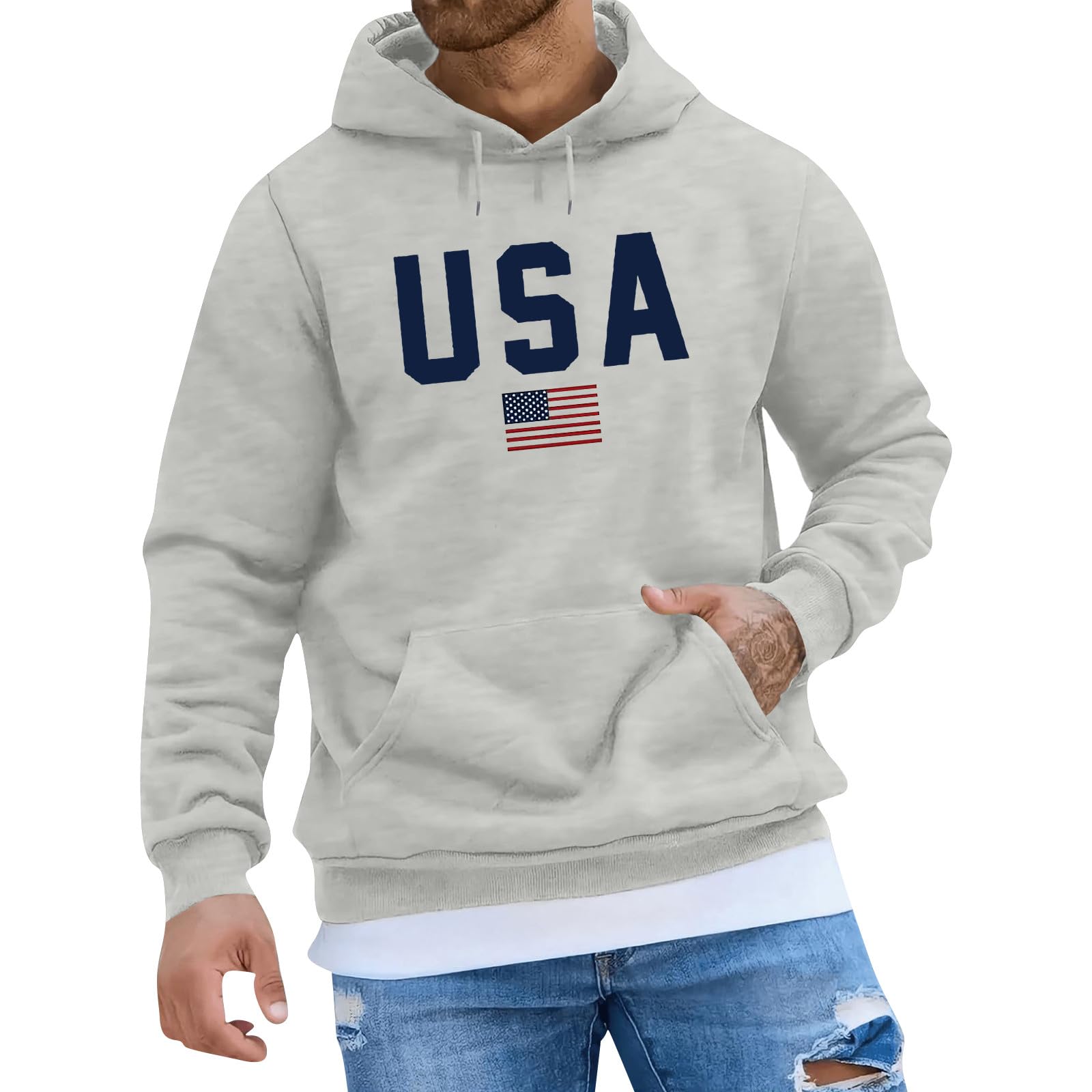 Graphic Hoodies for Men Western Fleece USA Pullover with Pockets Plus Size Tops for Men Outdoor Trendy Winter Clothes Sweatshirts Ropa Deportiva para Hombre Outfits Hoodies Gray L